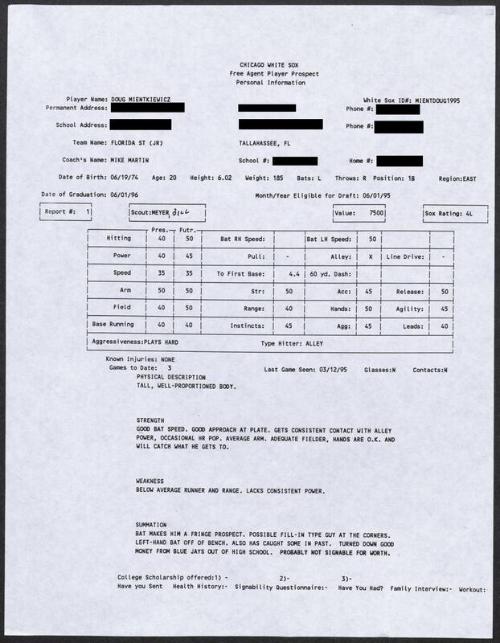 Doug Mientkiewicz scouting report, 1995 March 12