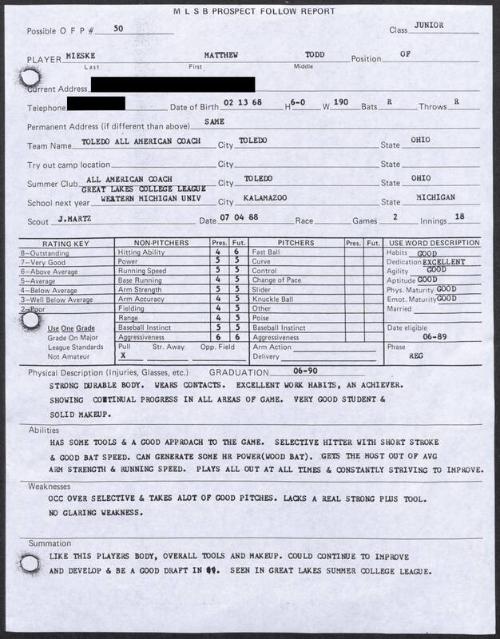 Matt Mieske scouting report, 1988 July 04