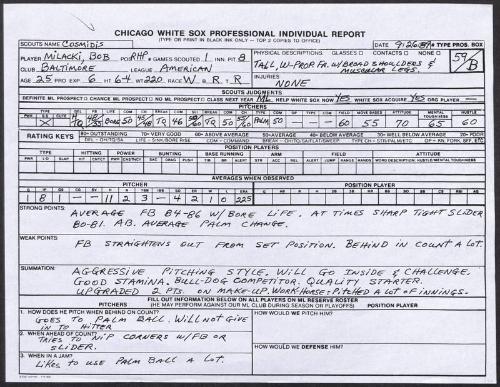 Bob Milacki scouting report, 1989 September 26