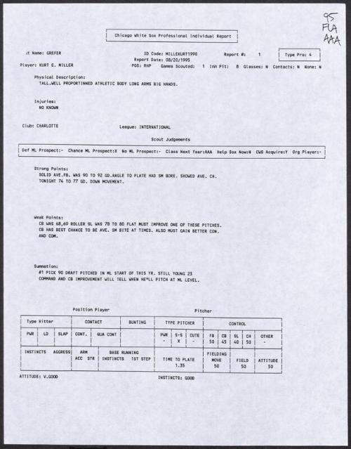 Kurt Miller scouting report, 1995 August 20