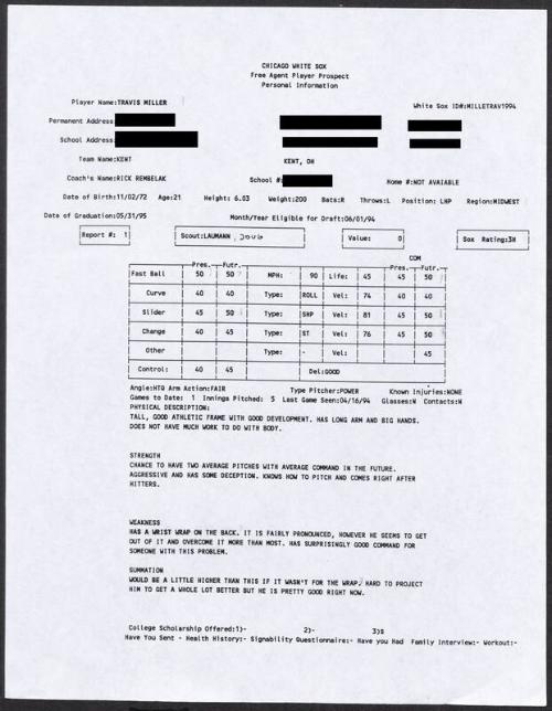 Travis Miller scouting report, 1994 April 16