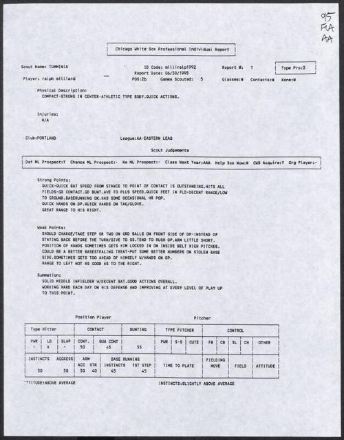 Ralph Milliard scouting report, 1995 June 30