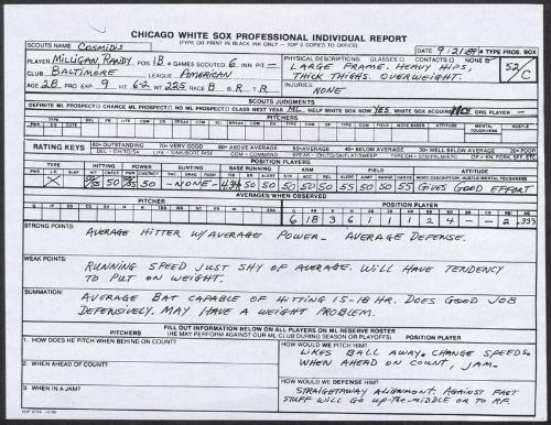 Randy Milligan scouting report, 1989 September 21