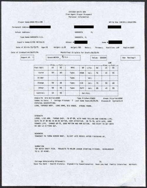 Doug Million scouting report, 1994 March 05