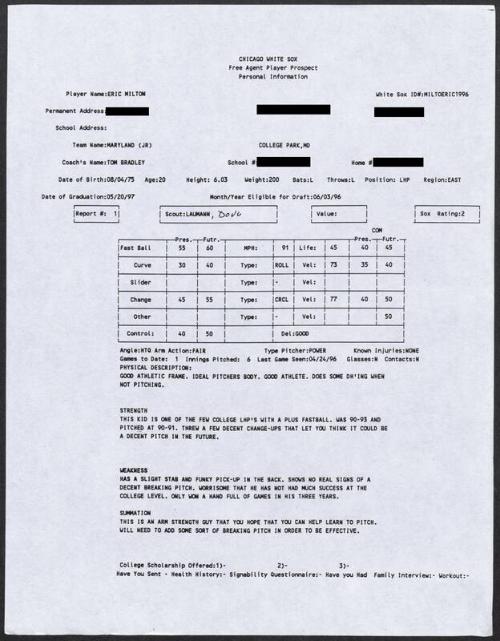 Eric Milton scouting report, 1996 April 24