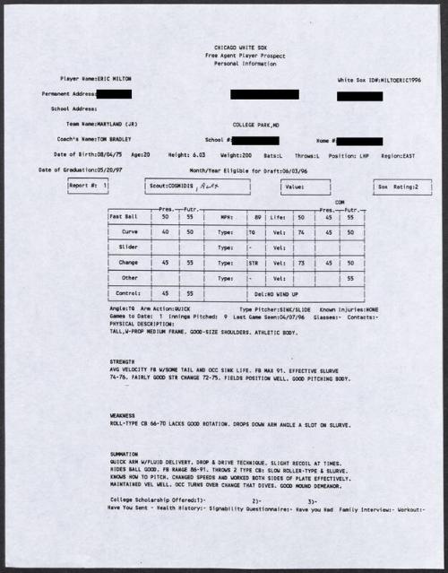 Eric Milton scouting report, 1996 April 07