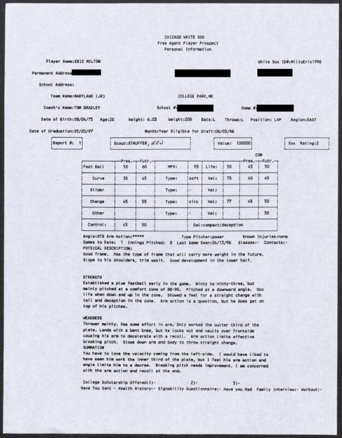 Eric Milton scouting report, 1996 April 13