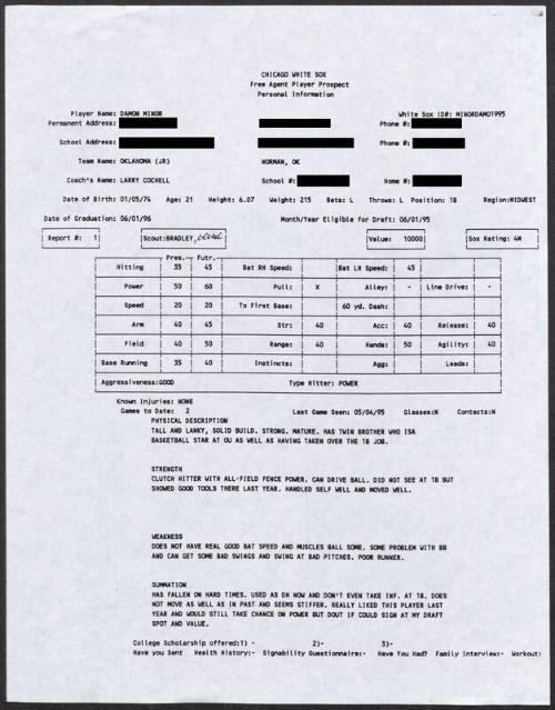 Damon Minor scouting report, 1995 May 04