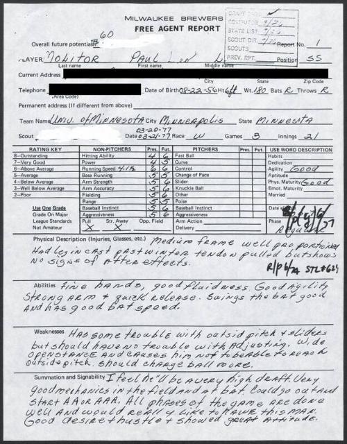 Paul Molitor scouting report, 1977 March 21