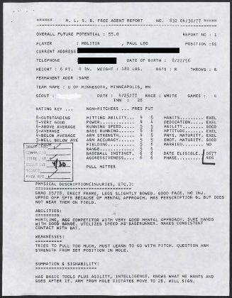 Paul Molitor scouting report, 1977 April 25