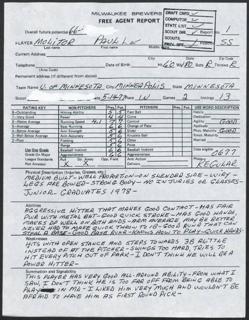 Paul Molitor scouting report, 1977 May 14