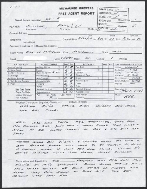 Paul Molitor scouting report, 1977 May 15