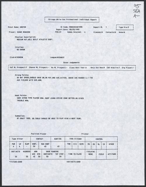 Shane Monahan scouting report, 1995 August 20