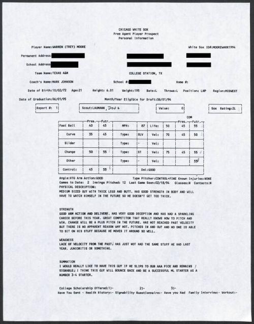 Trey Moore scouting report, 1994 February 18