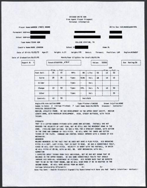 Trey Moore scouting report, 1994 April 08