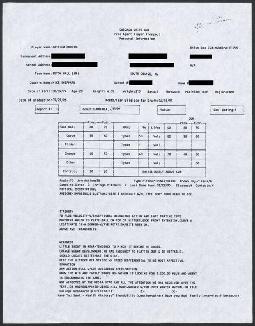 Matt Morris scouting report, 1995 March 29