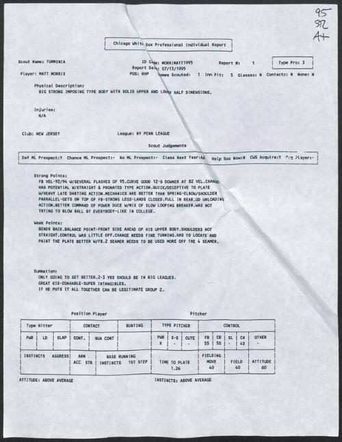 Matt Morris scouting report, 1995 July 13