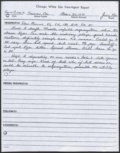 Fran Mullins scouting report, 1979 March 30