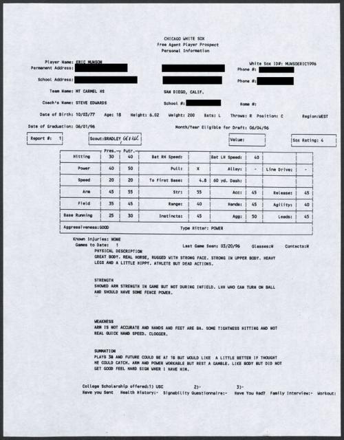 Eric Munson scouting report, 1996 March 20