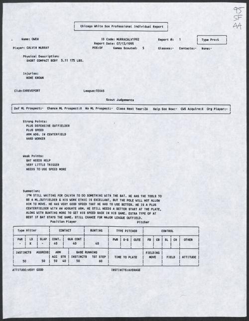 Calvin Murray scouting report, 1995 July 13