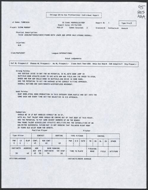 Glenn Murray scouting report, 1995 July 13