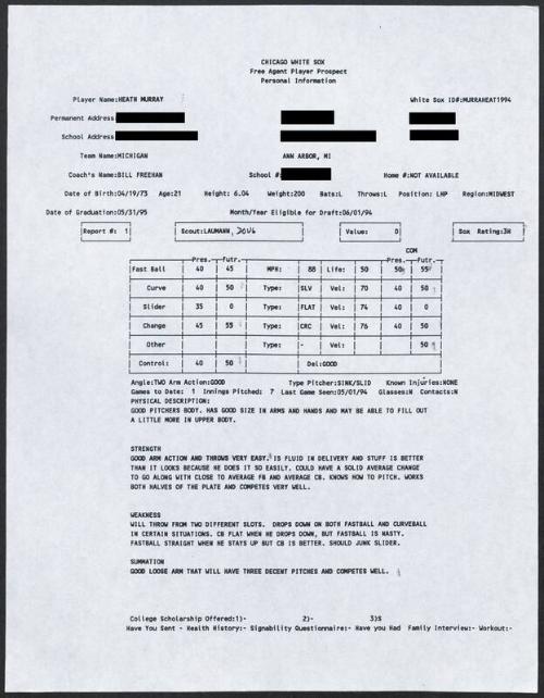 Heath Murray scouting report, 1994 May 01