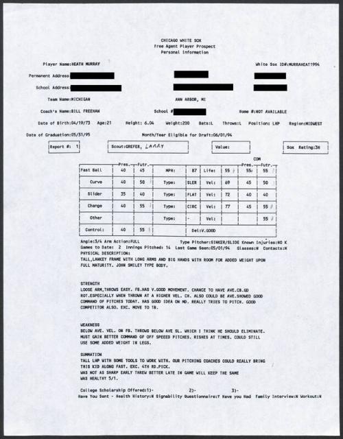 Heath Murray scouting report, 1994 May 01