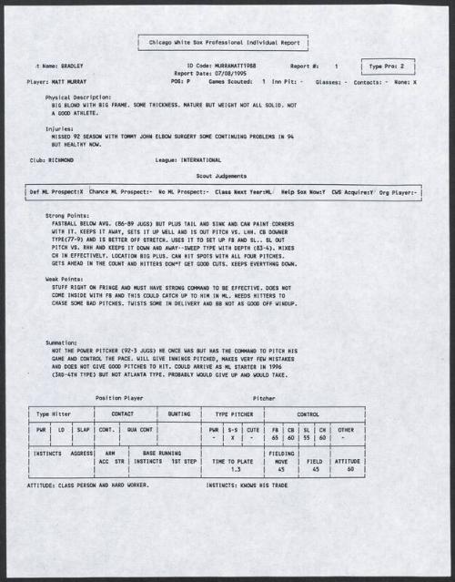 Matt Murray scouting report, 1995 July 08