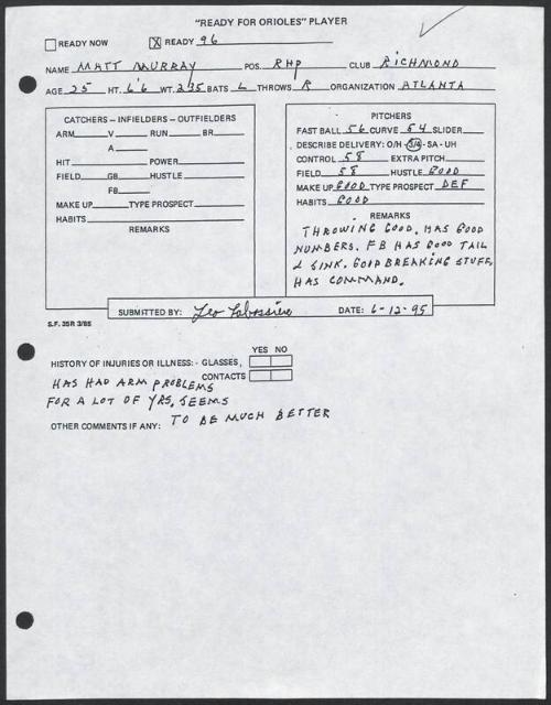 Matt Murray scouting report, 1995 June 12