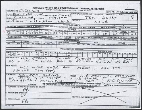 Randy Myers scouting report, 1990 September 17