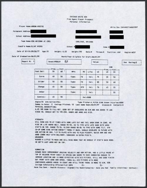 Aaron Myette scouting report, 1997 March 01