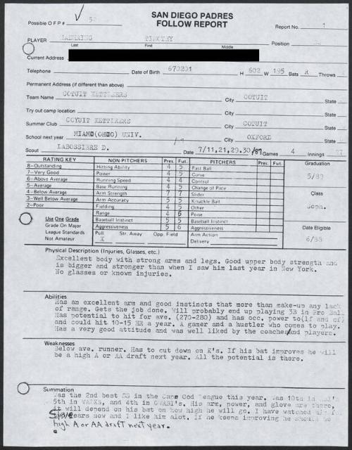 Tim Naehring scouting report, 1987 July 30