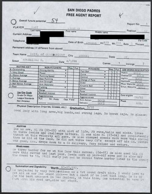 Charles Nagy scouting report, 1988 April 09