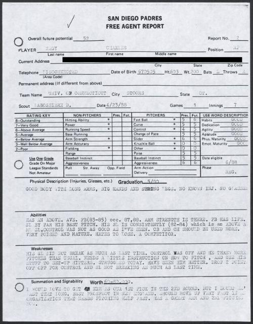 Charles Nagy scouting report, 1988 April 23