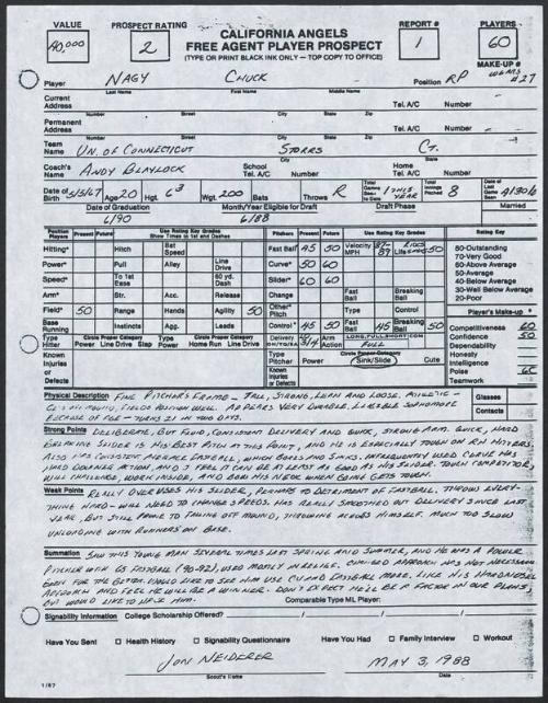 Charles Nagy scouting report, 1988 May 03