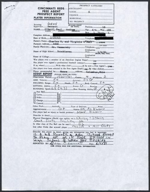 Paul O'Neill scouting report, 1981 June 01