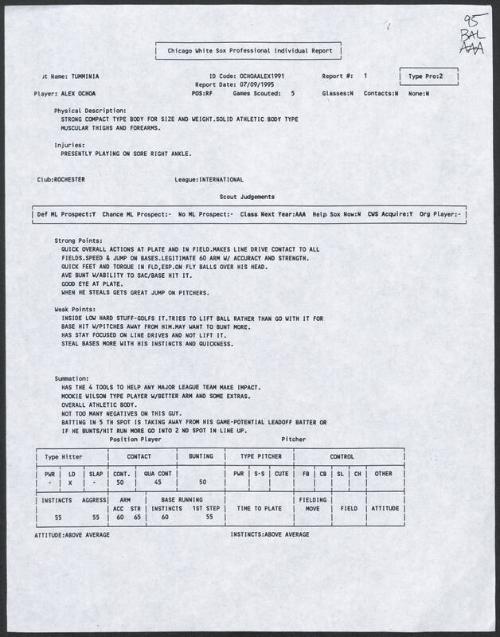 Alex Ochoa scouting report, 1995 July 09