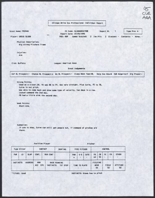 Gregg Olson scouting report, 1995 July 09