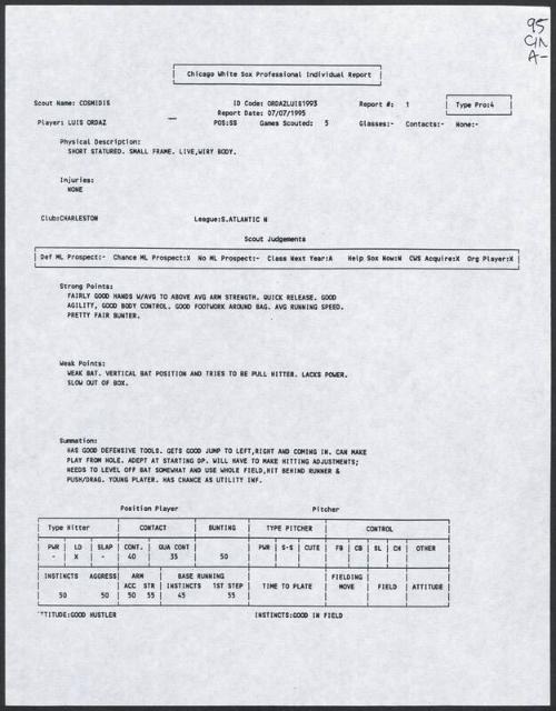 Luis Ordaz scouting report, 1995 July 07