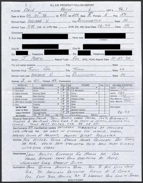 Kevin Orie scouting report, 1992 October 27