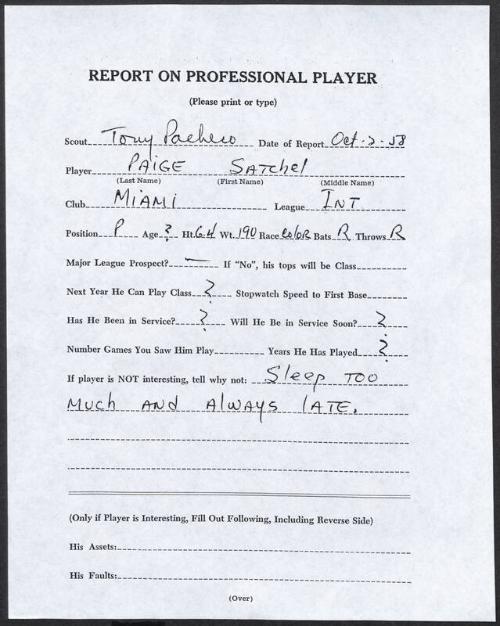 Satchel Paige scouting report, 1958 October 02