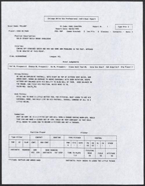 Chan Ho Park scouting report, 1995 August 03