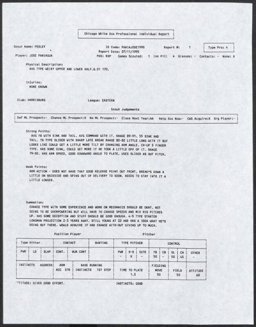 Jose Paniagua scouting report, 1995 July 11