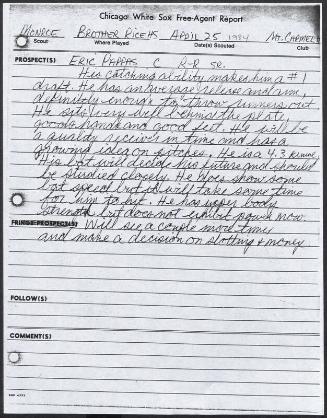 EriK Pappas scouting report, 1984 April 25