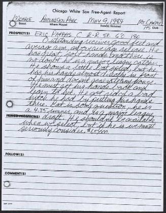 Erik Pappas scouting report, 1984 May 09