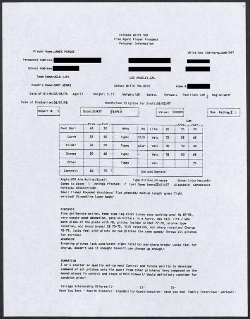 Jim Parque scouting report, 1997 March 01