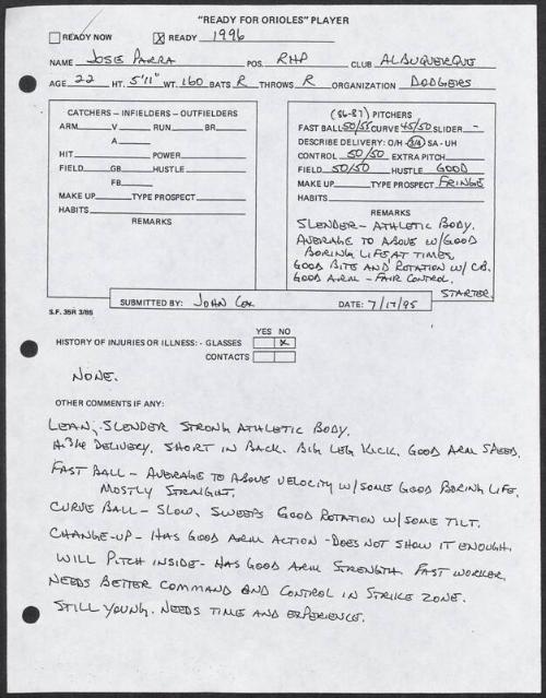 Jose Parra scouting report, 1995 July 17