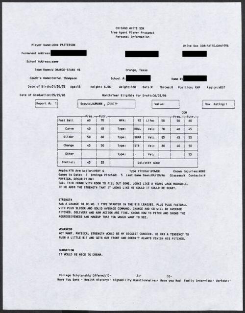 John Patterson scouting report, 1996 April 10