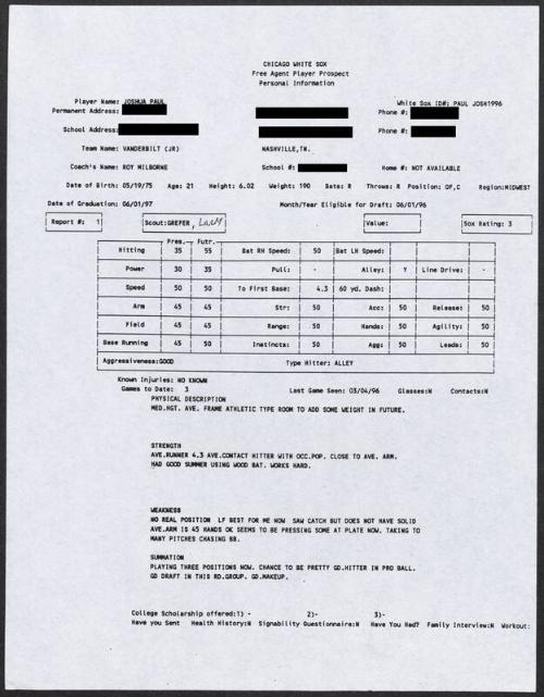 Josh Paul scouting report, 1996 March 04