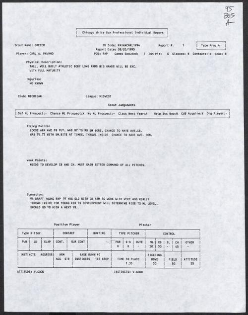 Carl Pavano scouting report, 1995 August 20